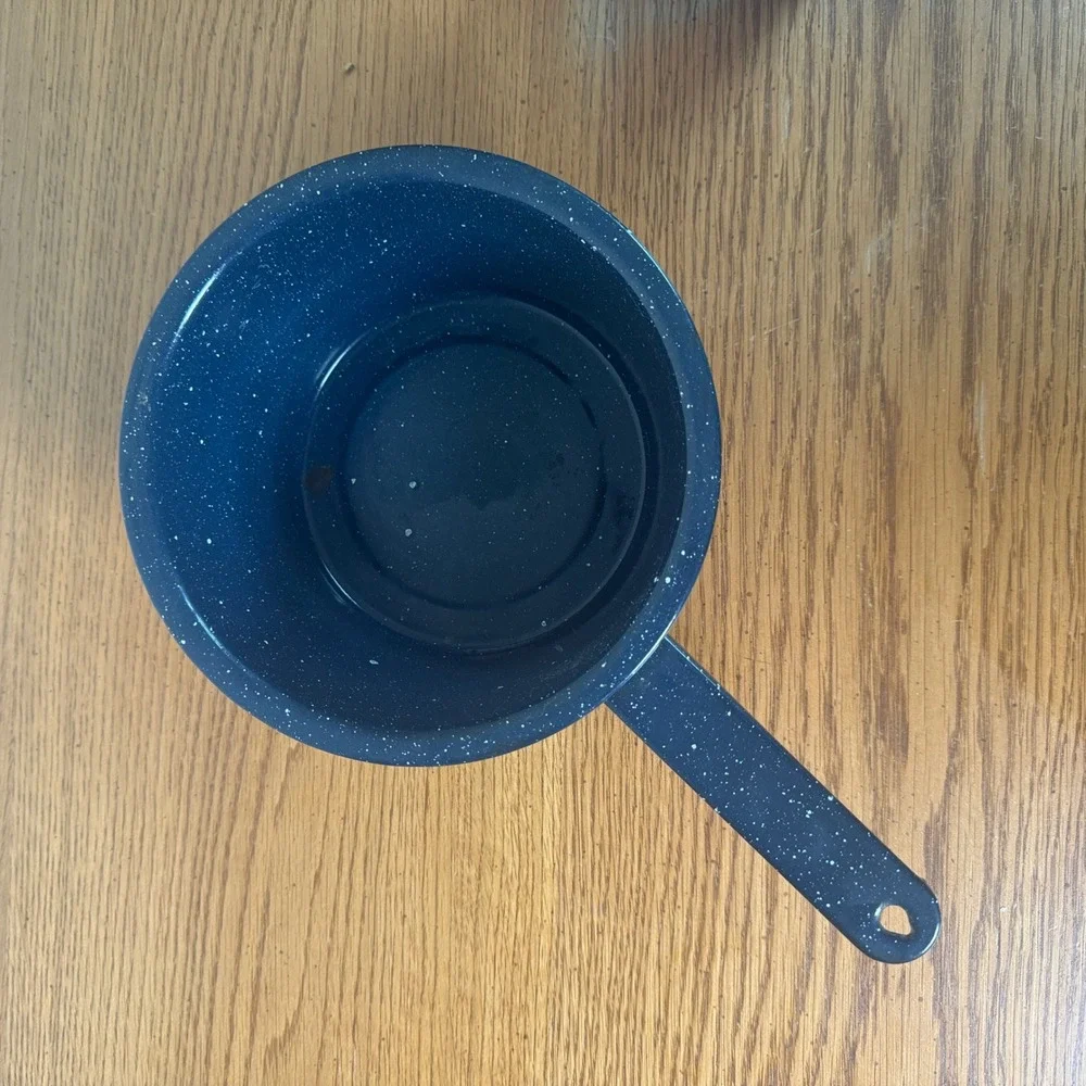 Vintage Blue‎ Speckled Enamelware Saucepan Graniteware Pot with Handle